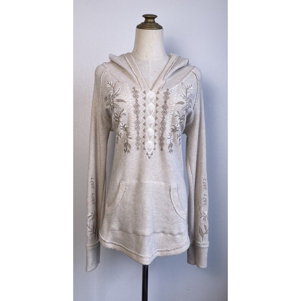 Johnny Was Metallic Thermal Hoodie Sweater Small Embroidered Love Laura Cream